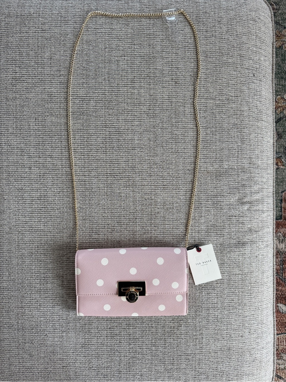 NWT Ted Baker Pink Polka Dot Crossbody with Gold Chain